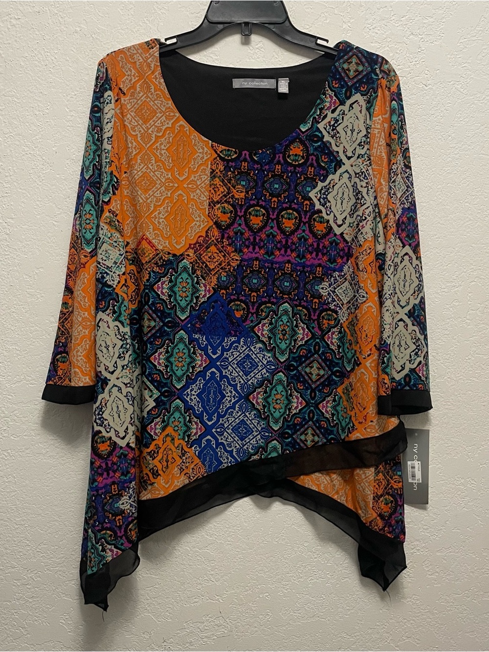 Ny Collection Blouse 3/4 Sleeve Scoop Neck Patchwork Print Size XL NEW